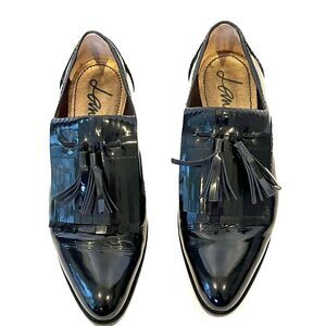 LANVIN Black Patent Kiltie Tassel Loafers Made Italy 37.5 / 7 Leather